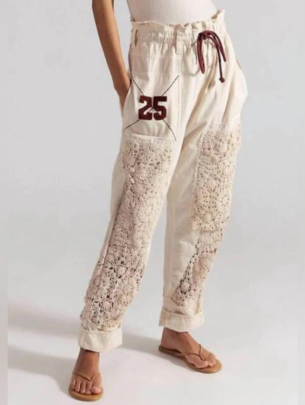 Free People Paper-bag Style Handmade Crochet Lace Leg Panels Pants.